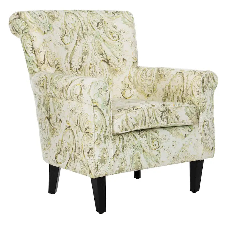 Fauteuil club à accoudoirs roulés, revêtement en coton-lin imprimé et pieds espresso – Espresso / Rayures beiges / Rouge et blanc / Vert / Fleurs beiges / Bleu clair – 1 place