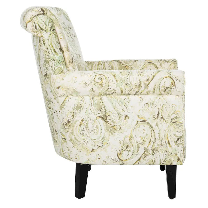 Fauteuil club à accoudoirs roulés, revêtement en coton-lin imprimé et pieds espresso – Espresso / Rayures beiges / Rouge et blanc / Vert / Fleurs beiges / Bleu clair – 1 place