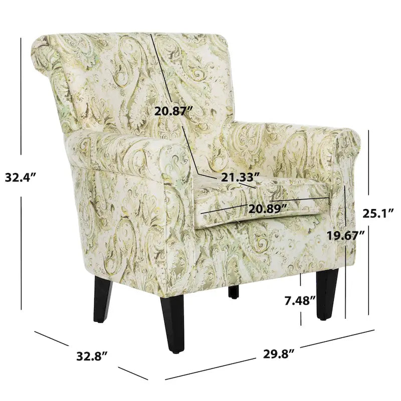 Fauteuil club à accoudoirs roulés, revêtement en coton-lin imprimé et pieds espresso – Espresso / Rayures beiges / Rouge et blanc / Vert / Fleurs beiges / Bleu clair – 1 place