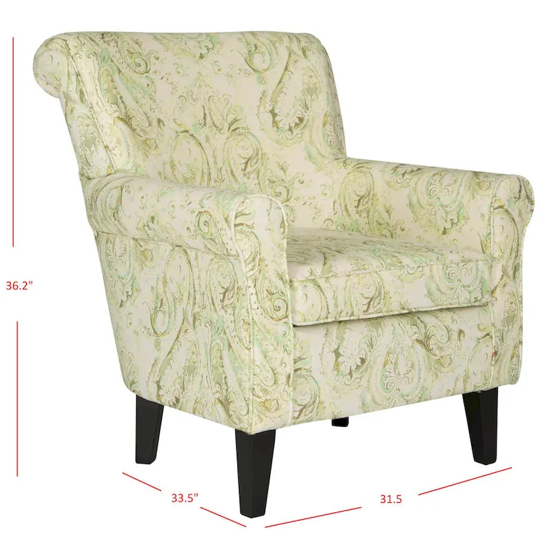 Fauteuil club à accoudoirs roulés, revêtement en coton-lin imprimé et pieds espresso – Espresso / Rayures beiges / Rouge et blanc / Vert / Fleurs beiges / Bleu clair – 1 place