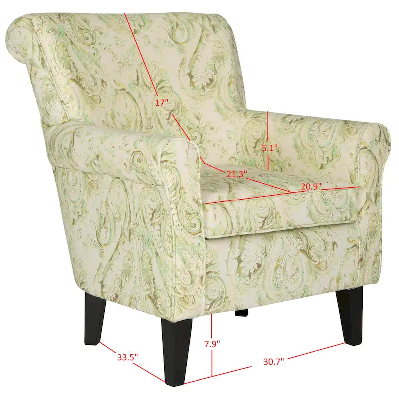 Fauteuil club à accoudoirs roulés, revêtement en coton-lin imprimé et pieds espresso – Espresso / Rayures beiges / Rouge et blanc / Vert / Fleurs beiges / Bleu clair – 1 place