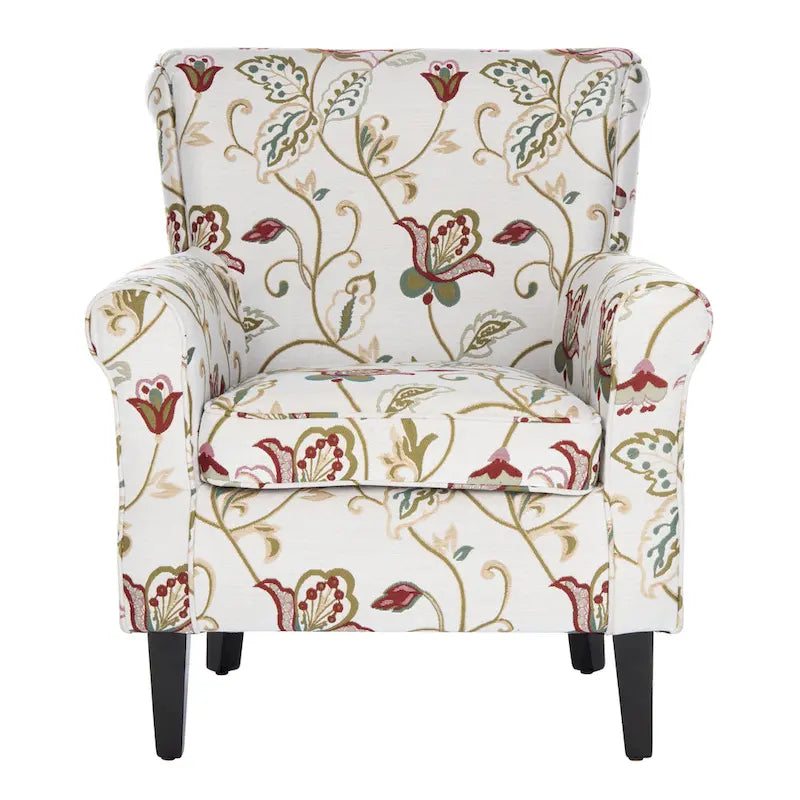 Fauteuil club à accoudoirs roulés, revêtement en coton-lin imprimé et pieds espresso – Espresso / Rayures beiges / Rouge et blanc / Vert / Fleurs beiges / Bleu clair – 1 place