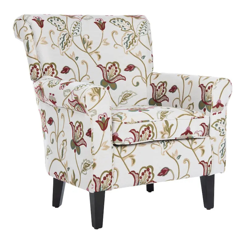 Fauteuil club à accoudoirs roulés, revêtement en coton-lin imprimé et pieds espresso – Espresso / Rayures beiges / Rouge et blanc / Vert / Fleurs beiges / Bleu clair – 1 place