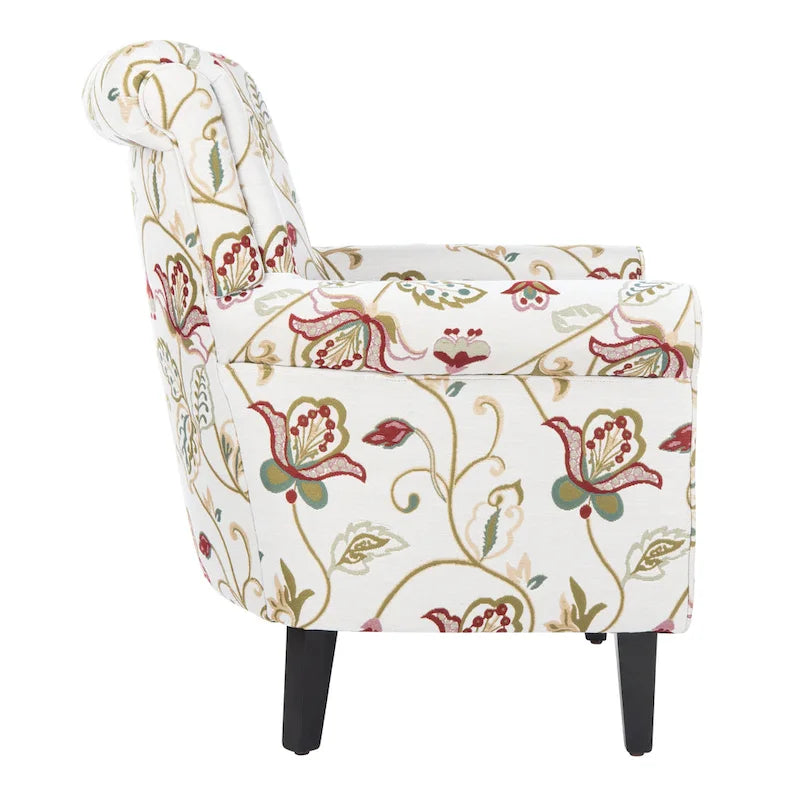 Fauteuil club à accoudoirs roulés, revêtement en coton-lin imprimé et pieds espresso – Espresso / Rayures beiges / Rouge et blanc / Vert / Fleurs beiges / Bleu clair – 1 place