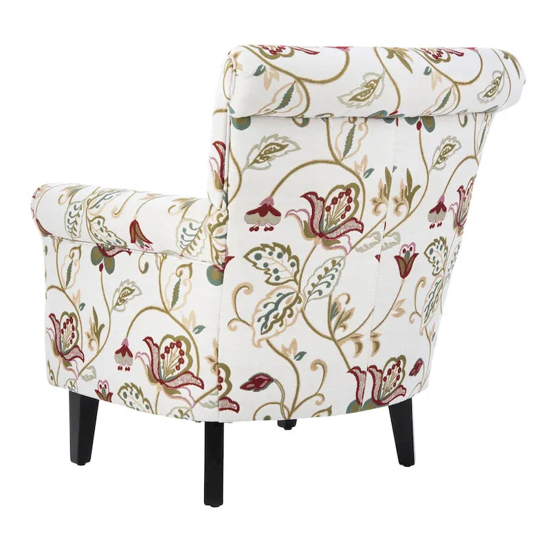 Fauteuil club à accoudoirs roulés, revêtement en coton-lin imprimé et pieds espresso – Espresso / Rayures beiges / Rouge et blanc / Vert / Fleurs beiges / Bleu clair – 1 place