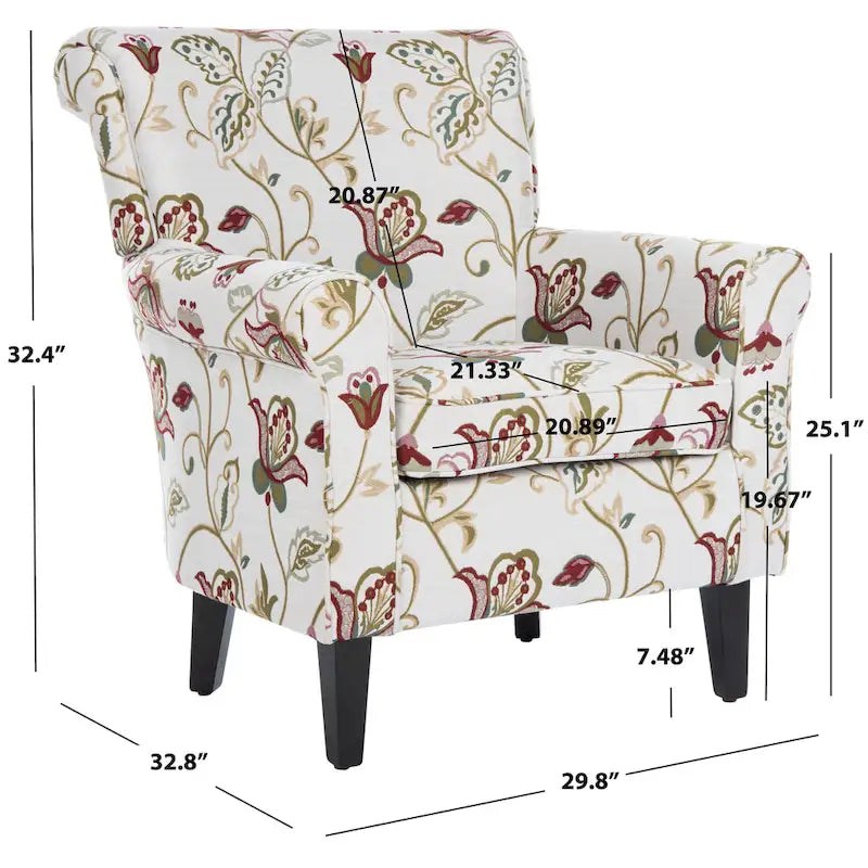 Fauteuil club à accoudoirs roulés, revêtement en coton-lin imprimé et pieds espresso – Espresso / Rayures beiges / Rouge et blanc / Vert / Fleurs beiges / Bleu clair – 1 place