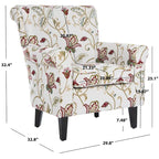 Fauteuil club à accoudoirs roulés, revêtement en coton-lin imprimé et pieds espresso – Espresso / Rayures beiges / Rouge et blanc / Vert / Fleurs beiges / Bleu clair – 1 place