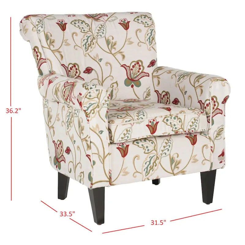 Fauteuil club à accoudoirs roulés, revêtement en coton-lin imprimé et pieds espresso – Espresso / Rayures beiges / Rouge et blanc / Vert / Fleurs beiges / Bleu clair – 1 place