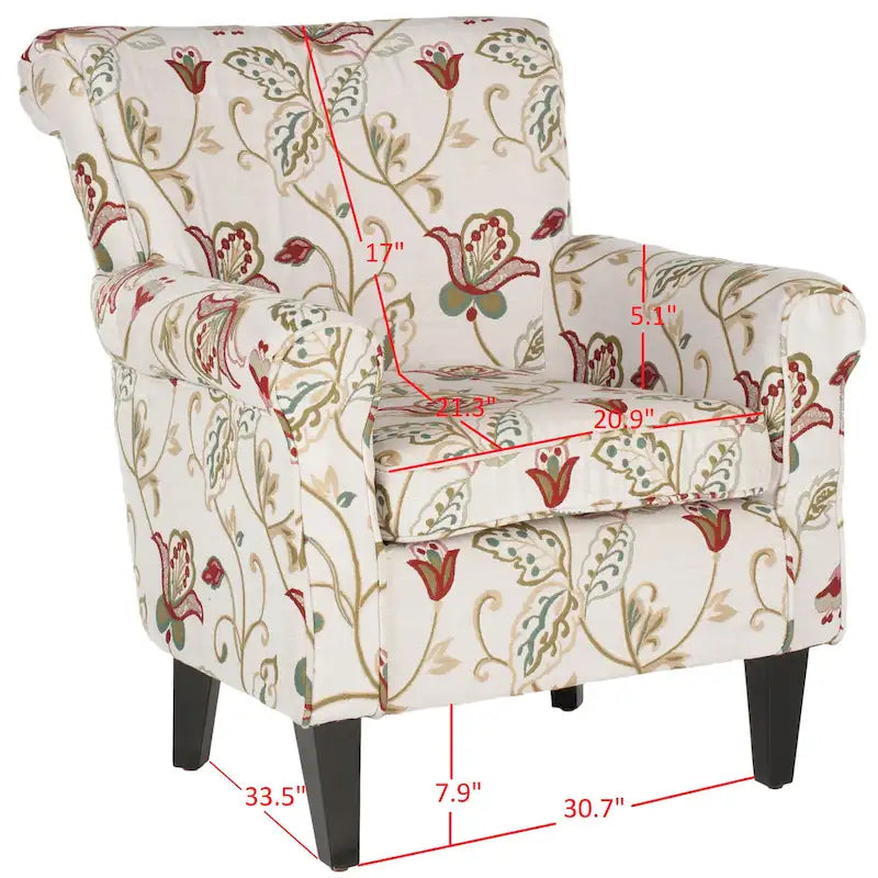 Fauteuil club à accoudoirs roulés, revêtement en coton-lin imprimé et pieds espresso – Espresso / Rayures beiges / Rouge et blanc / Vert / Fleurs beiges / Bleu clair – 1 place