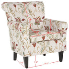 Fauteuil club à accoudoirs roulés, revêtement en coton-lin imprimé et pieds espresso – Espresso / Rayures beiges / Rouge et blanc / Vert / Fleurs beiges / Bleu clair – 1 place