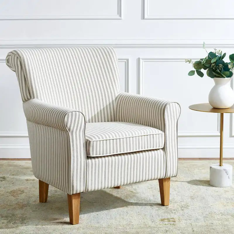 Fauteuil club à accoudoirs roulés, revêtement en coton-lin imprimé et pieds espresso – Espresso / Rayures beiges / Rouge et blanc / Vert / Fleurs beiges / Bleu clair – 1 place