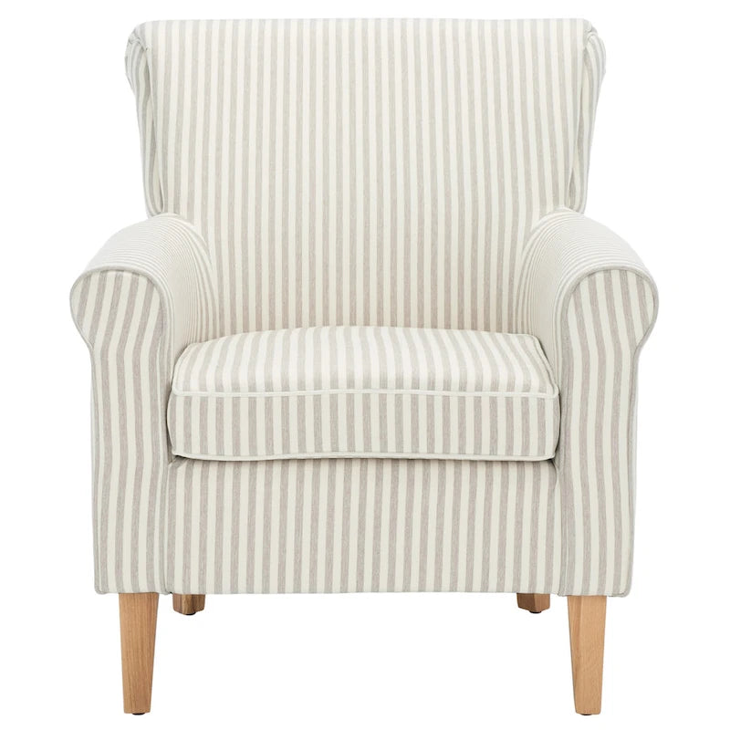 Fauteuil club à accoudoirs roulés, revêtement en coton-lin imprimé et pieds espresso – Espresso / Rayures beiges / Rouge et blanc / Vert / Fleurs beiges / Bleu clair – 1 place