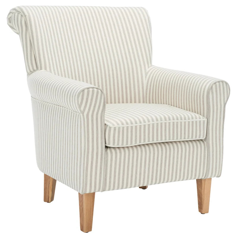 Fauteuil club à accoudoirs roulés, revêtement en coton-lin imprimé et pieds espresso – Espresso / Rayures beiges / Rouge et blanc / Vert / Fleurs beiges / Bleu clair – 1 place