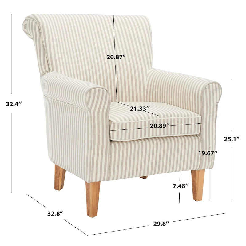 Fauteuil club à accoudoirs roulés, revêtement en coton-lin imprimé et pieds espresso – Espresso / Rayures beiges / Rouge et blanc / Vert / Fleurs beiges / Bleu clair – 1 place