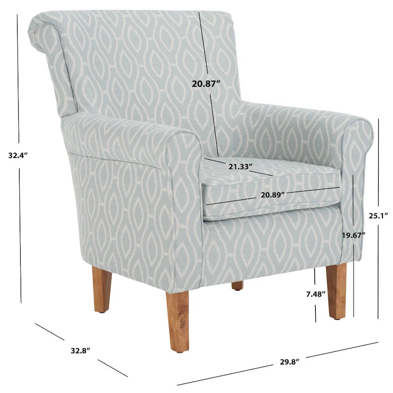 Fauteuil club à accoudoirs roulés, revêtement en coton-lin imprimé et pieds espresso – Espresso / Rayures beiges / Rouge et blanc / Vert / Fleurs beiges / Bleu clair – 1 place