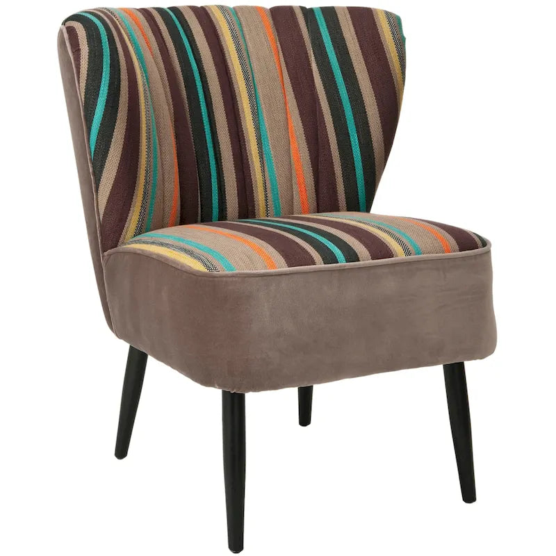 Fauteuil d'appoint rayé arc-en-ciel Mid-Century avec plissé cannelé et pieds en bouleau noir – Multicolore/Champignon / Violet – 1 place