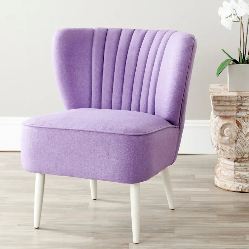 Fauteuil d'appoint rayé arc-en-ciel Mid-Century avec plissé cannelé et pieds en bouleau noir – Multicolore/Champignon / Violet – 1 place