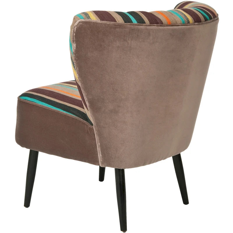 Fauteuil d'appoint rayé arc-en-ciel Mid-Century avec plissé cannelé et pieds en bouleau noir – Multicolore/Champignon / Violet – 1 place
