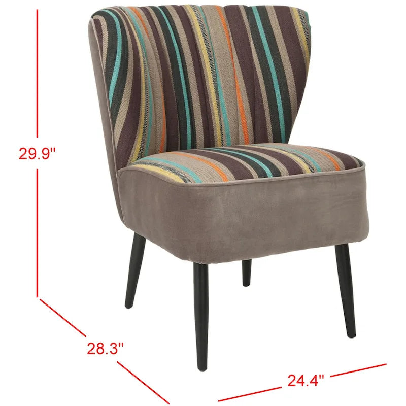 Fauteuil d'appoint rayé arc-en-ciel Mid-Century avec plissé cannelé et pieds en bouleau noir – Multicolore/Champignon / Violet – 1 place