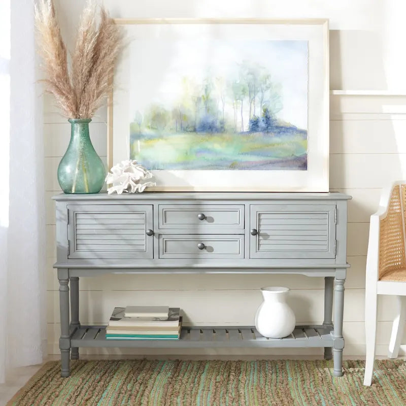 Farmhouse Console Table with 2 Drawers & 2 Doors – Distressed Grey / Black / Greige / Distressed White