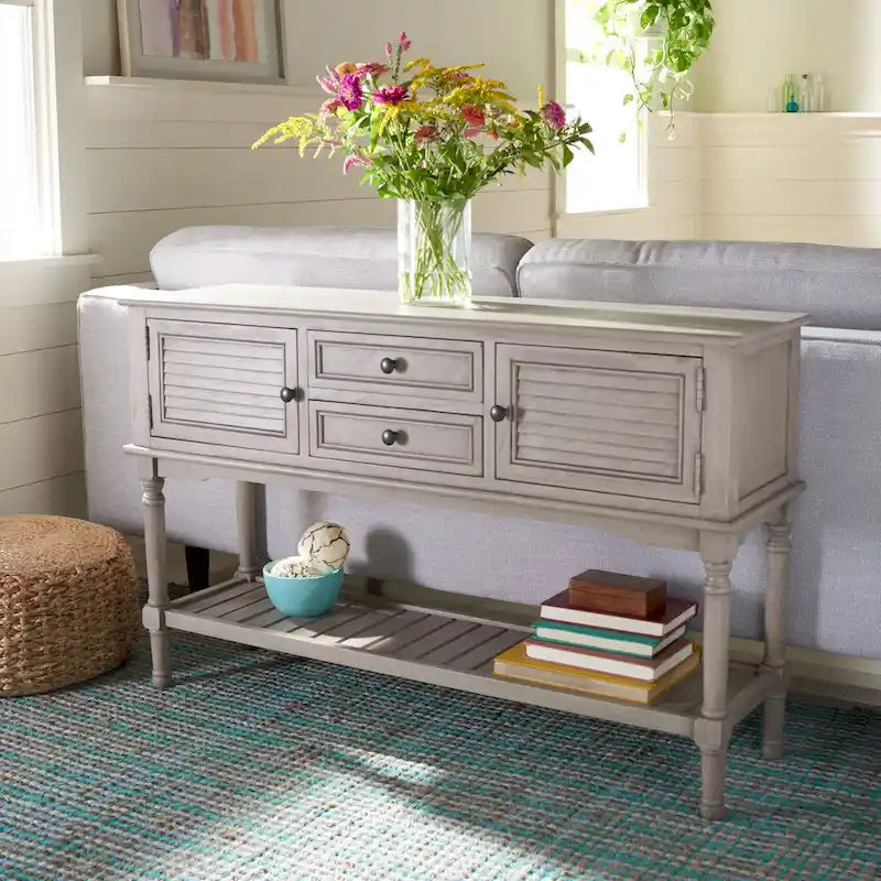 Farmhouse Console Table with 2 Drawers & 2 Doors – Distressed Grey / Black / Greige / Distressed White