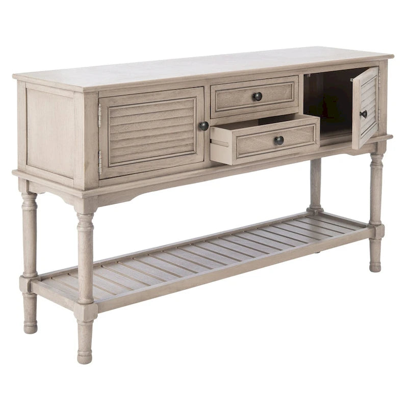 Console de ferme avec 2 tiroirs et 2 portes – Gris vieilli / Noir / Greige / Blanc vieilli