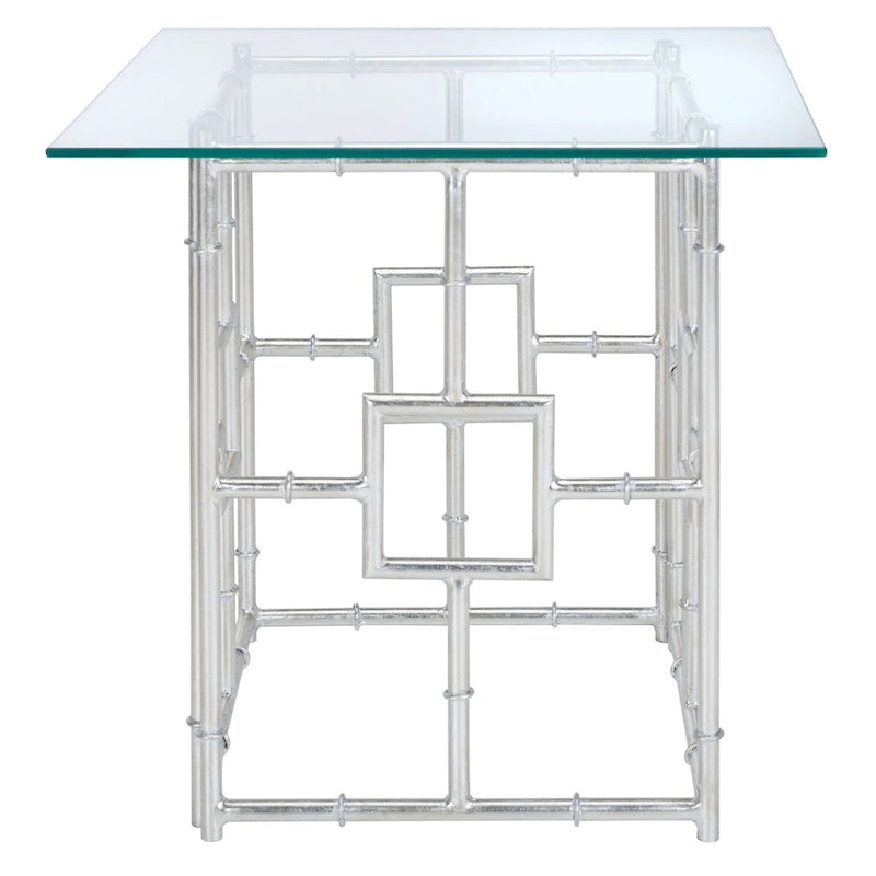 Chinoiserie Faux Bamboo Glass Top Accent Table – Silver
