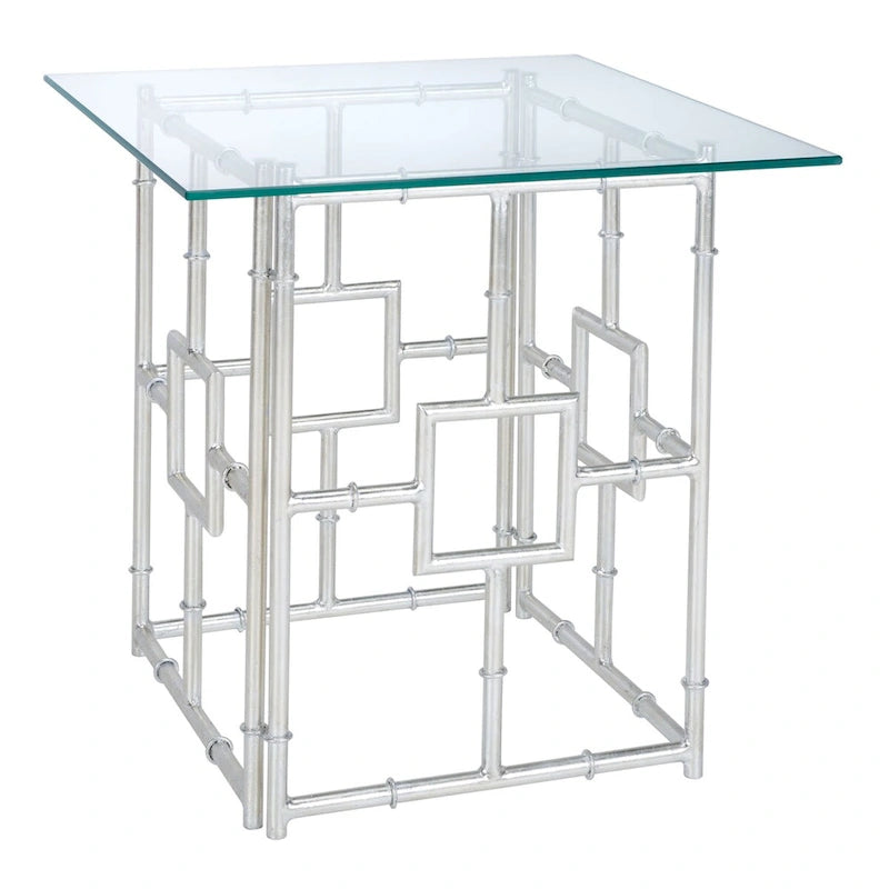 Chinoiserie Faux Bamboo Glass Top Accent Table – Silver