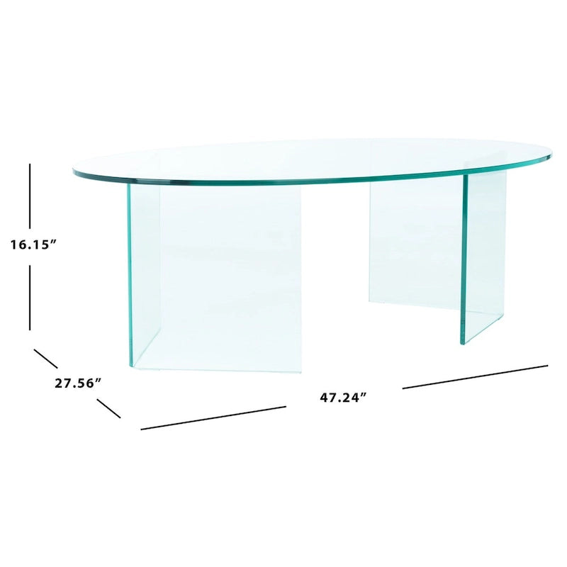 Table basse ovale en verre trempé avec piédestal géométrique – Transparent