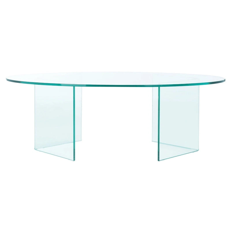 Table basse ovale en verre trempé avec piédestal géométrique – Transparent