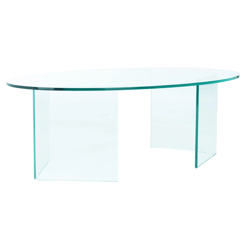 Table basse ovale en verre trempé avec piédestal géométrique – Transparent