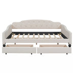 Lit de repos rembourré capitonné pleine grandeur avec 2 tiroirs de rangement – Beige – 1 personne