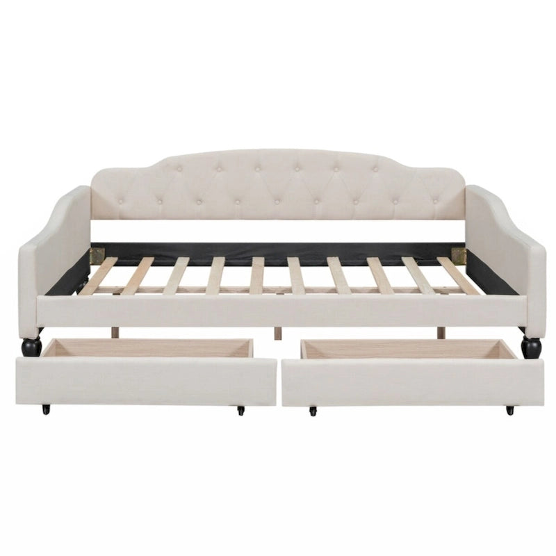 Lit de repos rembourré capitonné pleine grandeur avec 2 tiroirs de rangement – Beige – 1 personne