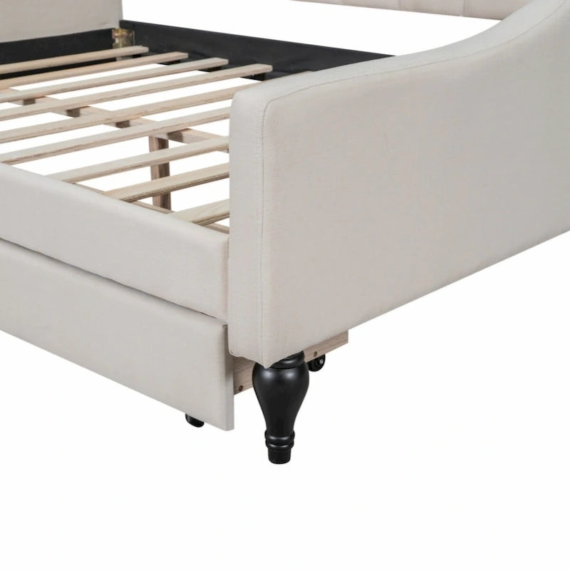Lit de repos rembourré capitonné pleine grandeur avec 2 tiroirs de rangement – Beige – 1 personne