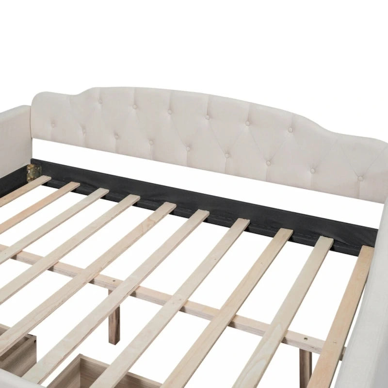 Lit de repos rembourré capitonné pleine grandeur avec 2 tiroirs de rangement – Beige – 1 personne