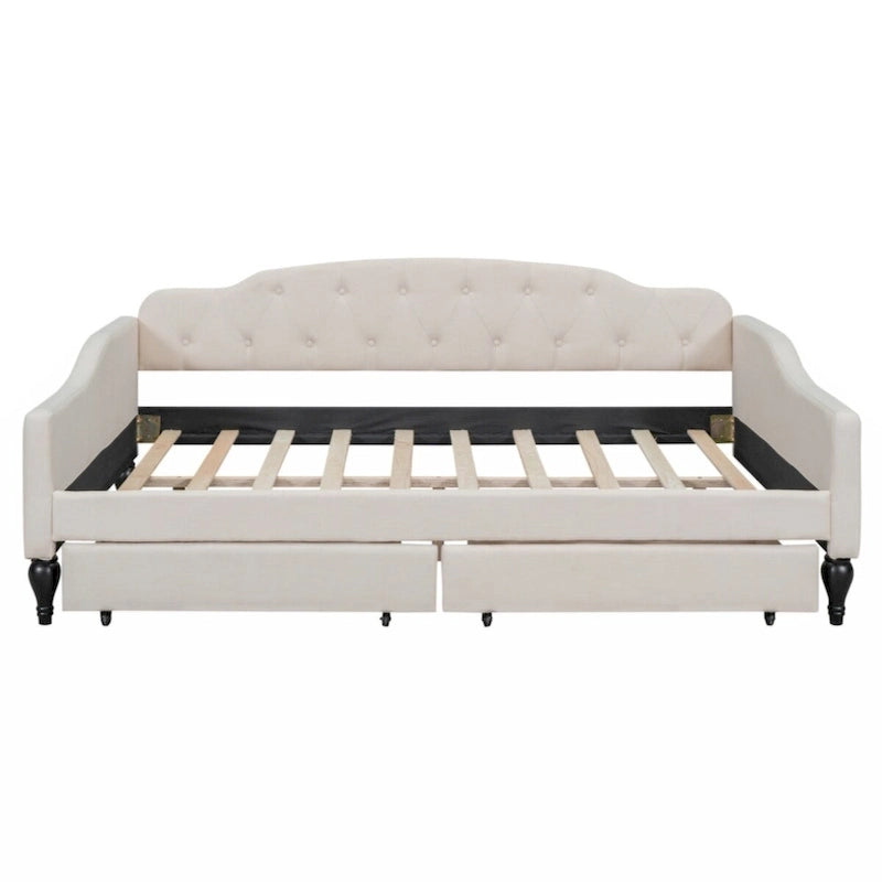 Lit de repos rembourré capitonné pleine grandeur avec 2 tiroirs de rangement – Beige – 1 personne