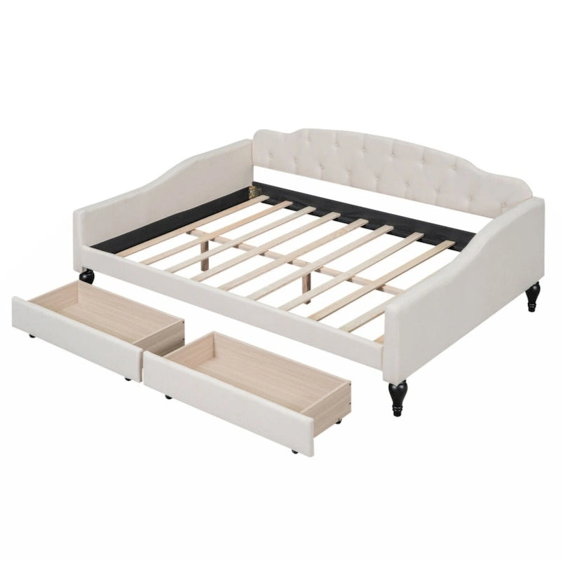 Lit de repos rembourré capitonné pleine grandeur avec 2 tiroirs de rangement – Beige – 1 personne