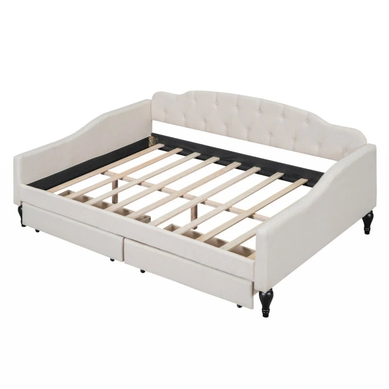 Lit de repos rembourré capitonné pleine grandeur avec 2 tiroirs de rangement – Beige – 1 personne