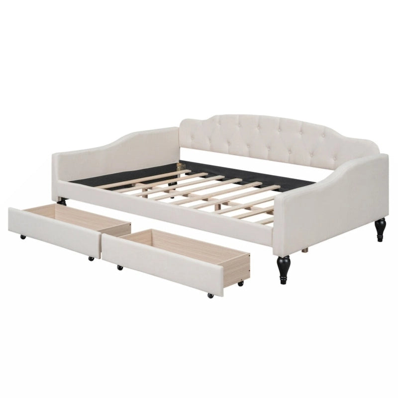 Lit de repos rembourré capitonné pleine grandeur avec 2 tiroirs de rangement – Beige – 1 personne