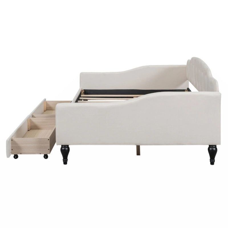 Lit de repos rembourré capitonné pleine grandeur avec 2 tiroirs de rangement – Beige – 1 personne