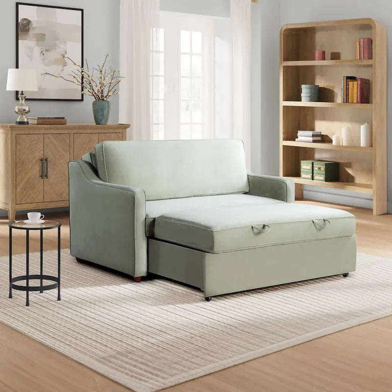 Convertible Loveseat Sofa with Pull-Out Bed & Chaise Mode – Mauve / Sage – 2-Seater / Sleeper