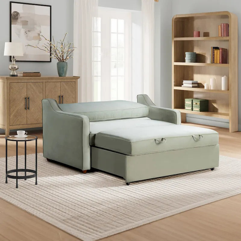 Convertible Loveseat Sofa with Pull-Out Bed & Chaise Mode – Mauve / Sage – 2-Seater / Sleeper