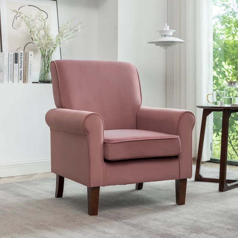 Fauteuil traditionnel à accoudoirs roulés et pieds fuselés – Rose / Bleu roi / Bleu marine / Imprimé violet / Gris / Floral / Orange / Noir / Imprimé gris – 1 place