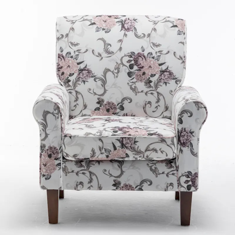 Fauteuil traditionnel à accoudoirs roulés et pieds fuselés – Rose / Bleu roi / Bleu marine / Imprimé violet / Gris / Floral / Orange / Noir / Imprimé gris – 1 place