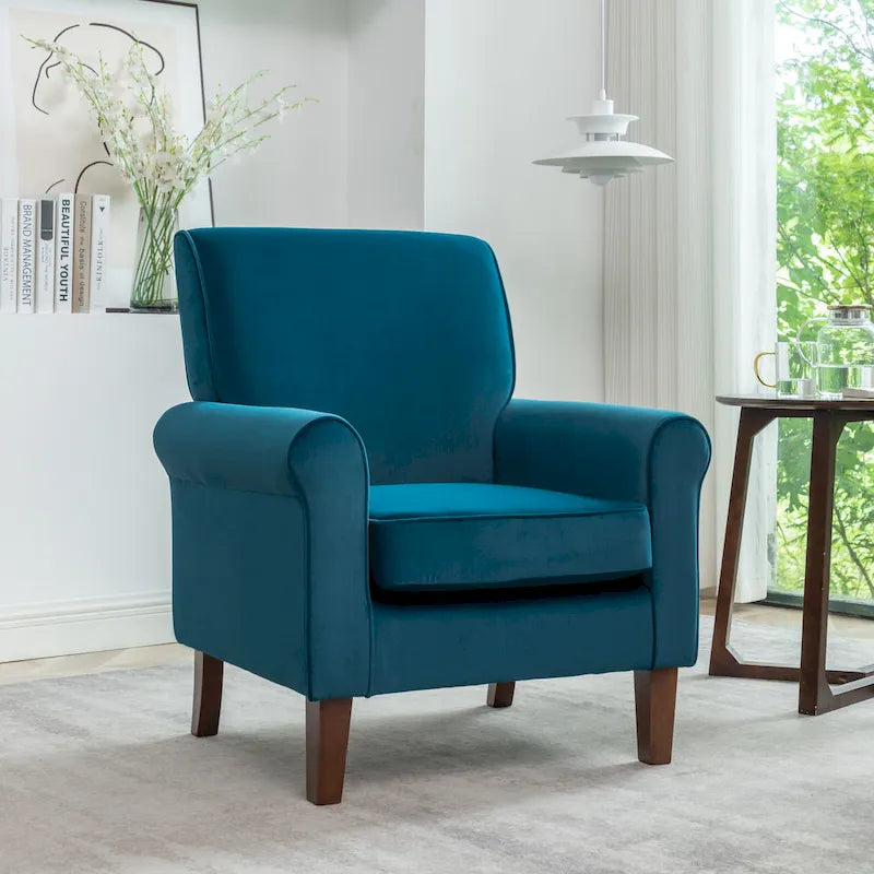 Fauteuil traditionnel à accoudoirs roulés et pieds fuselés – Rose / Bleu roi / Bleu marine / Imprimé violet / Gris / Floral / Orange / Noir / Imprimé gris – 1 place