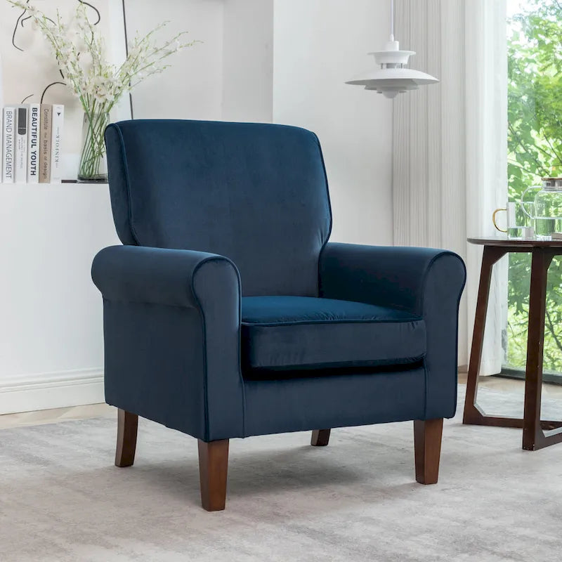 Fauteuil traditionnel à accoudoirs roulés et pieds fuselés – Rose / Bleu roi / Bleu marine / Imprimé violet / Gris / Floral / Orange / Noir / Imprimé gris – 1 place