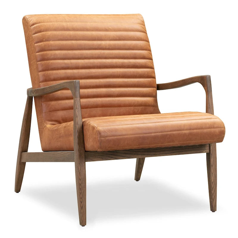 Fauteuil en cuir pleine fleur avec cadre en bois de frêne et de noyer – Bleu nuit / Cacao de Madagascar / Cognac – 1 place