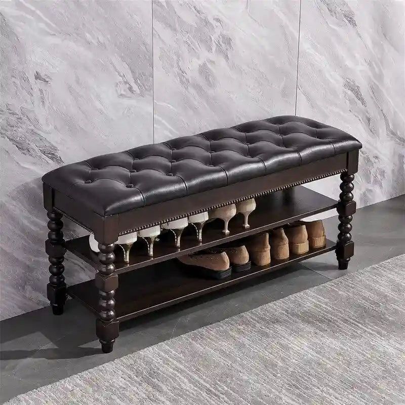 Banc de rangement pour chaussures rembourré avec couvercle relevable et étagère à 2 niveaux – Marron Rouge – 1-2 personnes