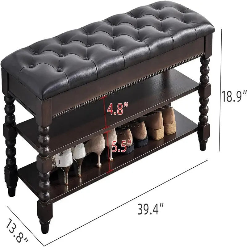Banc de rangement pour chaussures rembourré avec couvercle relevable et étagère à 2 niveaux – Marron Rouge – 1-2 personnes