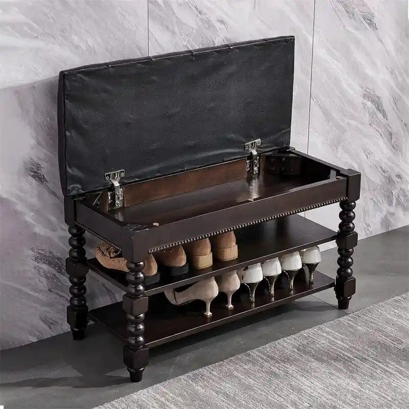 Banc de rangement pour chaussures rembourré avec couvercle relevable et étagère à 2 niveaux – Marron Rouge – 1-2 personnes
